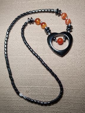Vintage Hematite Beaded Necklace with Orange  Moonglow Beads & Heart Pendant